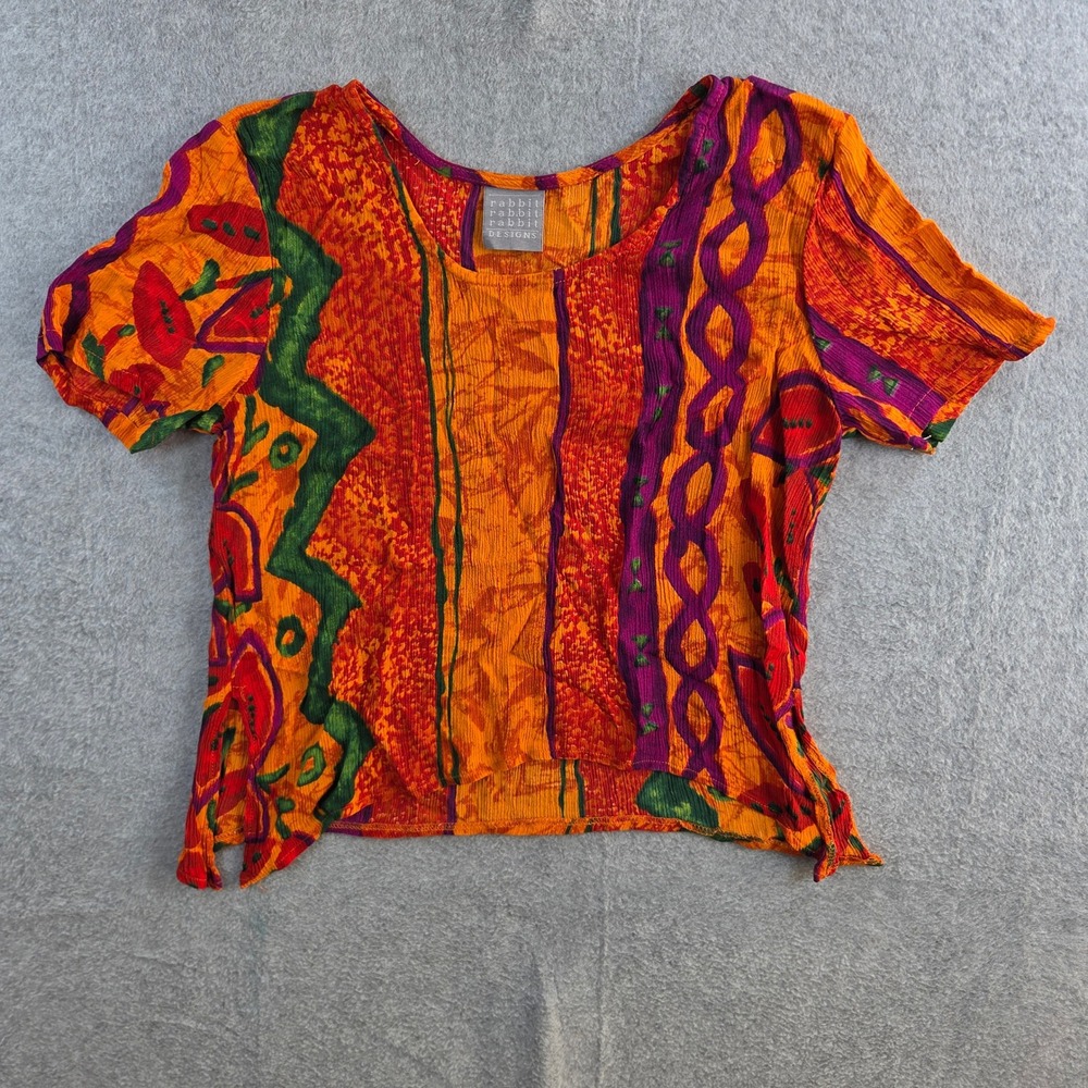 Rabbit Rabbit Rabbit Designs Top Womens M Orange Purple Abstract Crinkle Gauze - Picture 2 of 7